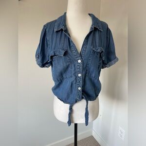 Dynamite Blue Denim Short Sleeve Crop Half Button Down Tie Shirt - Size Medium